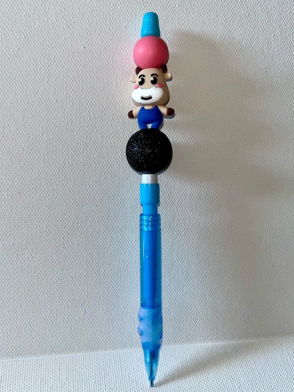 Blue Mechanical Pencil w/glitter, Cow, Black Glittery Sphere & Pink Accent Beads